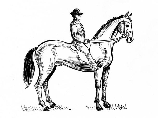 Ο κύριος καβαλάει άλογο. Μελάνι ασπρόμαυρο σχέδιο - Φωτογραφία, εικόνα