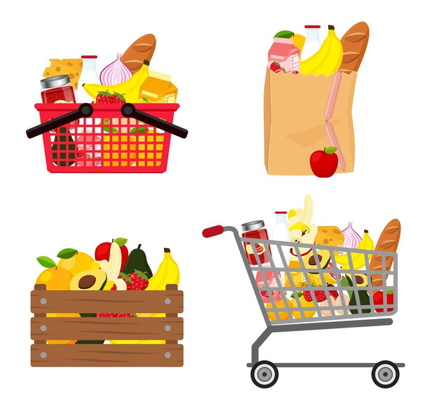 Set of pantry on a plastic basket, shopping cart, wood box and paper box - Vektor, obrázek