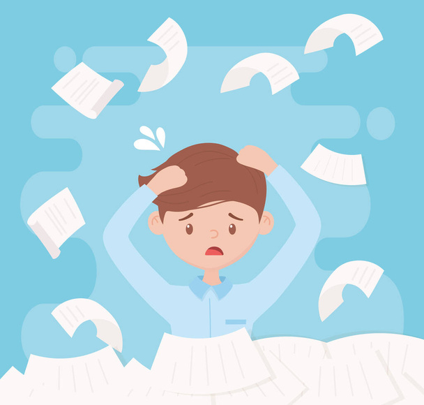 stress at work, exasperated worker piles of papers and documents - Vector, Image