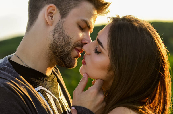 married couple kissing making love on honeymoon. kissing couple portrait. delicate gorgeous kiss. man kiss woman. couple in love. I love you. Closeup mouths kissing. romantic relations - Foto, afbeelding