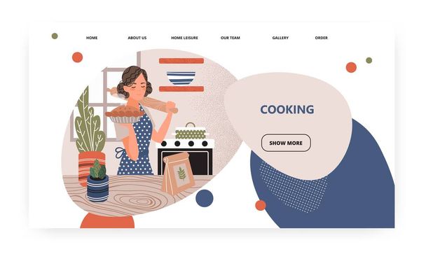 Γυναίκα μαγειρεύουν πίτα στο φούρνο στο σπίτι κουζίνα. Αρχική εικόνα έννοια μαγειρικής. Διάνυσμα πρότυπο σχεδιασμού ιστοσελίδας. Εικονογράφηση ιστοσελίδας προορισμού. - Διάνυσμα, εικόνα