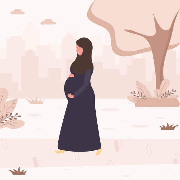 Μουσουλμάνα έγκυος γυναίκα στην Άβαγια και η χιτζάμπ περπατάει στο δρόμο. Σύγχρονη επίπεδη στυλ διανυσματική απεικόνιση απομονωμένη σε μαλακό φόντο. - Διάνυσμα, εικόνα