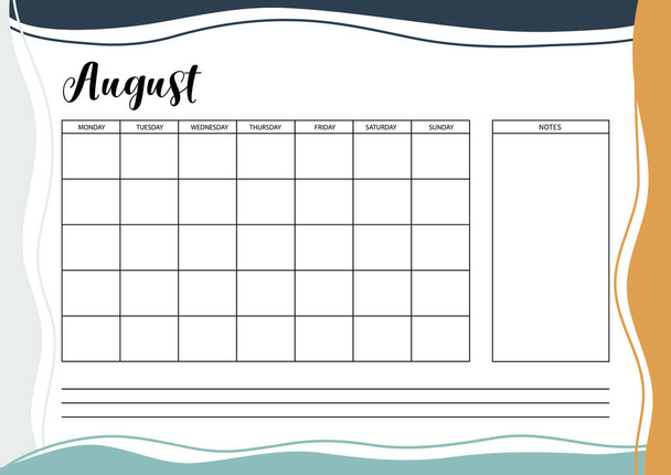Planificador mensual para diario, organizador, cuaderno. Planificador A4 imprimible. Ilustración vectorial
.  - Vector, Imagen