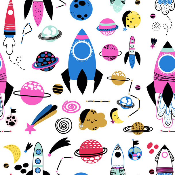 Raumschiffe, Raketen, Planeten, von Hand gezeichnete Sterne füllen nahtlose Vektorfelder. Niedliche kindische Zeichnung. Babywickelpapier, Textil, Vektorillustration  - Vektor, Bild