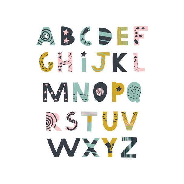 Abstract decorative English alphabet. Space, cute Kids font. Ideal for education, home decor. Vector Illustration can be used for quotes, poster, cards and kids fashion prints.  - Вектор,изображение