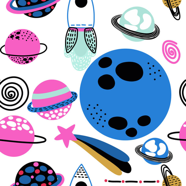 WebSpaceships, rockets, planets, stars hand drawn seamless vector fill. Cute childish drawing. Baby wrapping paper, textile, vector illustration  - Vector, Image