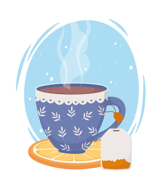 thé, tasse bleue avec sachet de thé sur tranche d'orange fraîche
 - Vecteur, image