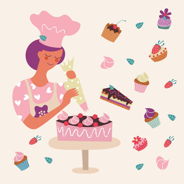 Женщина-кондитер украшает торты кремом. Набор вкусных и красивых тортов. Векторная иллюстрация
. - Вектор,изображение