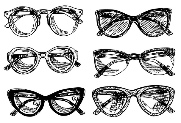 Fashion sunglasses. Hand drawn vector illustration. Vintage decorative design elements. Hand drawn eyeglass frames, doodle eyewear. Male and female glasses isolated fashion vector vintage set - Vector, afbeelding