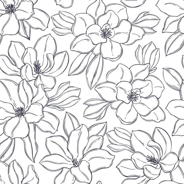 Hand drawn magnolia flowers. Vector seamless pattern. - Вектор, зображення