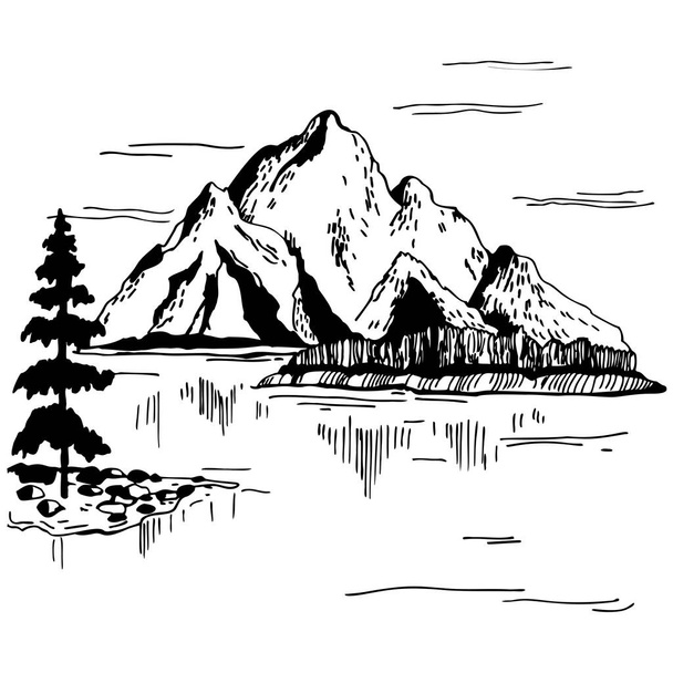 Ručně kreslená krajina s horami. Obrázek vektorového náčrtku. - Vektor, obrázek