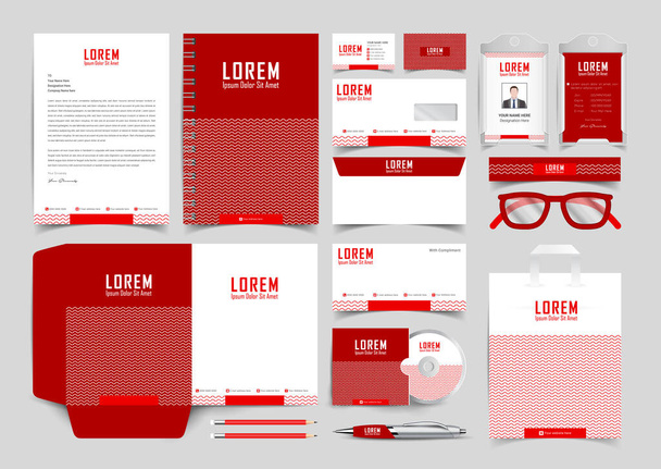 Corporate premium red stationery brand identity design. Stationery mockup vector megapack set. Template for business or finance company. Folder and A4 letter, visiting card and envelope. - Vector, Image