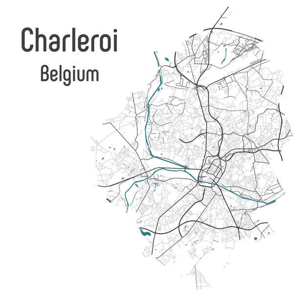 Карта Шарлеруа с дорогами и реками, административные границы муниципалитета города, арт-дизайн с серым и синим цветами на белом фоне
 - Вектор,изображение