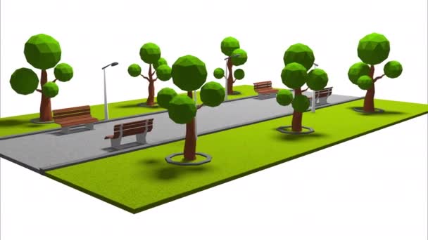 3D анимационная сцена парка с деревьями и скамейками в солнечный день
. - Кадры, видео