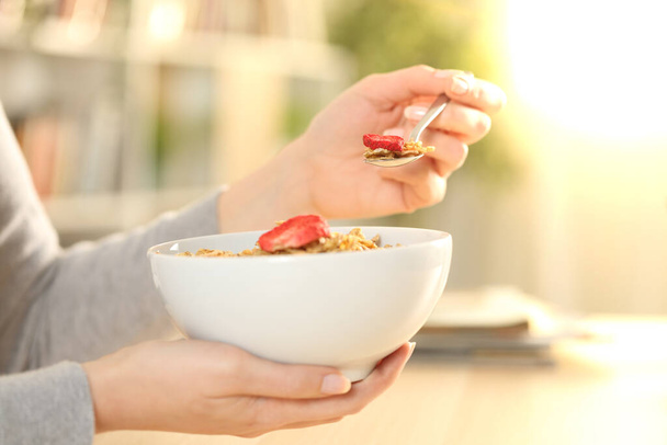 Close up of woman hands holding cereal bowl with fruit ready to eat breakfast at home - Foto, Imagem