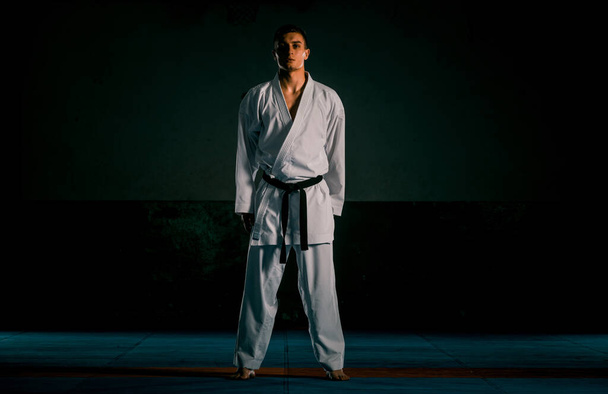 Karate vechtsport. Fighter kijkt naar de camera, geïsoleerd op donkere achtergrond. - Foto, afbeelding