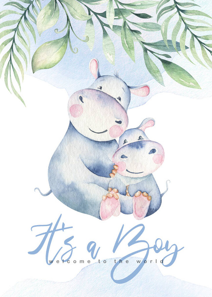 Hand drawn cute isolated tropical summer watercolor hippo animals. hippopotamus baby and mother cartoon animal illustrations, jungle tree, brazil trendy design. Aloha collection. - Zdjęcie, obraz