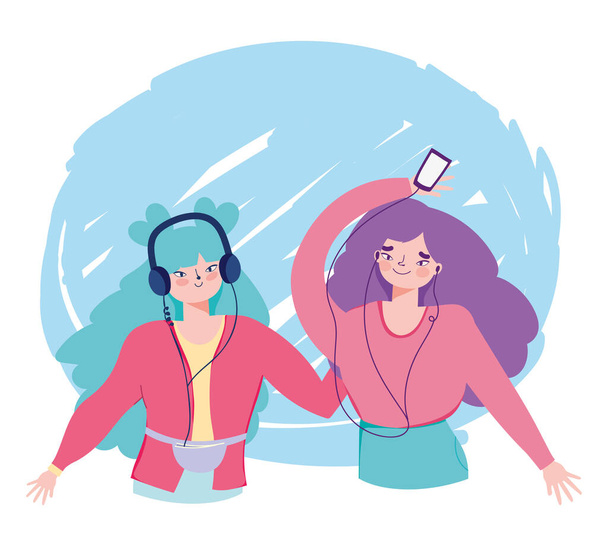 niñas felices escuchando música con smartphone y auriculares
 - Vector, imagen