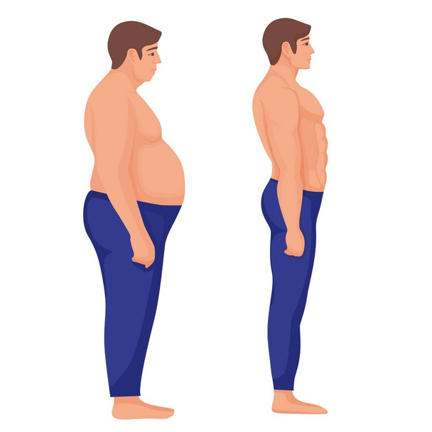 Жирний і спортивний чоловік. До і після ожиріння людина, яка показала характер і пішла в дієту
. - Вектор, зображення