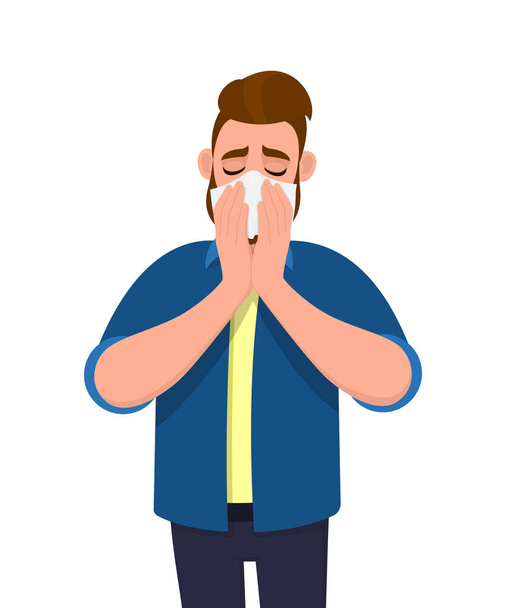 Junger Mann niest und hält Gewebe. Kranke Person pustet laufende Nase. Männliche Charakterbedeckung mit Taschentuch. Ungesunde Menschen leiden unter Erkältung und Grippe. Zeichentrickgrafik im Vektor. - Vektor, Bild