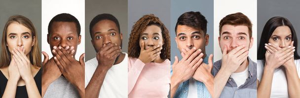 Πολυπολιτισμικοί άνθρωποι κλείνουν το στόμα με τα χέρια στο φόντο χρώμα, κολάζ. Πανόραμα - Φωτογραφία, εικόνα