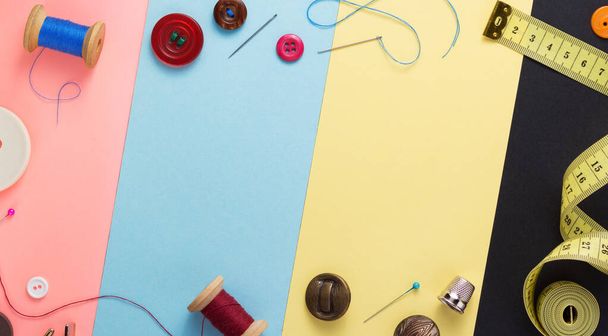 sewing tools and accessories at paper background texture, top view - Foto, Imagem