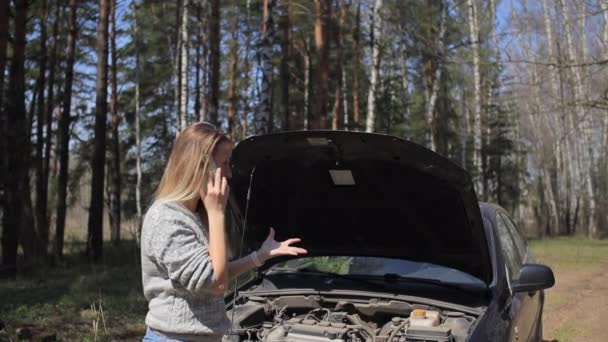 Jonge vrouw in de buurt van kapotte auto spreekt per telefoon - Video