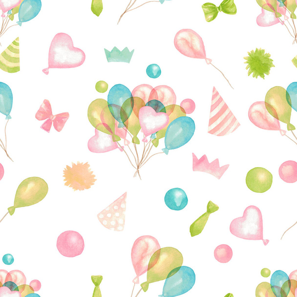 Nahtloses Muster Bunte aufblasbare Luftballons in Aquarell. Handgemaltes Urlaubsdesign für Geburtstag, Party, Einladungskarten, Muttertag, Babydusche - Foto, Bild