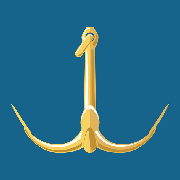 Złota płaska kotwica odizolowana na niebieskim tle, sylwetka wyposażenia morskiego, koncepcja podróży i turystyki, ilustracja wektora - Wektor, obraz