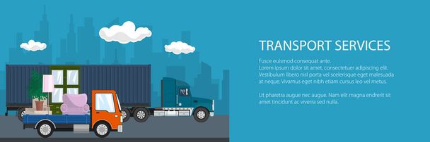 A közúti szállítás és logisztika zászlaja, a teherautó és a narancssárga teherautó bútorokkal megy az úton, áruszállítás és árufuvarozás, vektor illusztráció - Vektor, kép