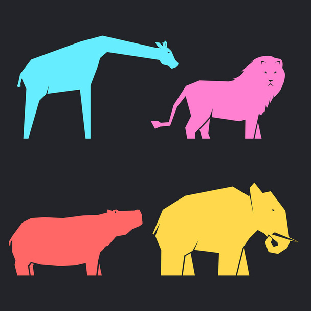 Set mehrfarbiger afrikanischer Tiere in verschiedenen Posen auf dunklem Hintergrund, Löwen und Flusspferde, Elefanten und Giraffen, Vektorillustration - Vektor, Bild