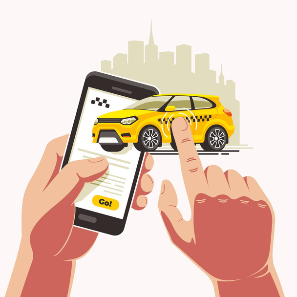 Zamów żółtą taksówkę za pośrednictwem aplikacji na smartfonie w jednym dotknięciu. Palec wiezie kabinę bezpośrednio do celu.. - Wektor, obraz