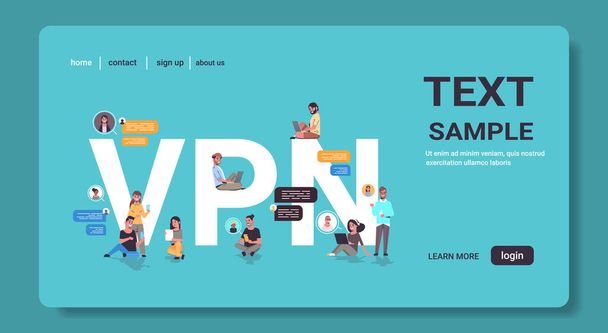 people using virtual private network vpn for communication cyber security and privacy concept - Вектор,изображение