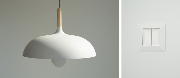 коллаж современного выключателя и белая лампа с лампочкой
  - Фото, изображение