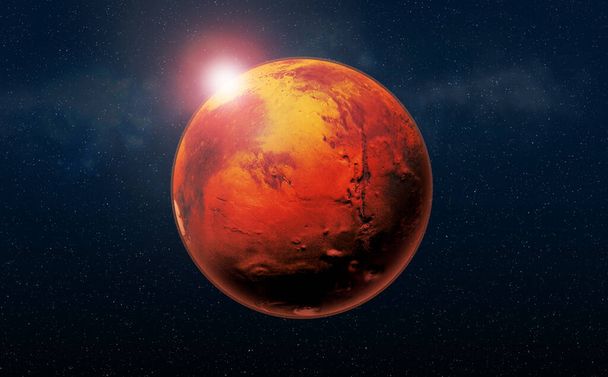 Mars uzayda Güneş Sistemi 'nin Kızıl Gezegeni. Yüksek çözünürlüklü sanat Mars gezegenini uzayda sunar. - Fotoğraf, Görsel