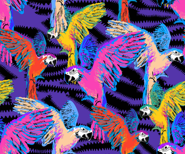 Бесшовный рисунок попугаев и цветов. Подходит для тканей, оберточной бумаги и тому подобного. Векторная иллюстрация - Вектор,изображение