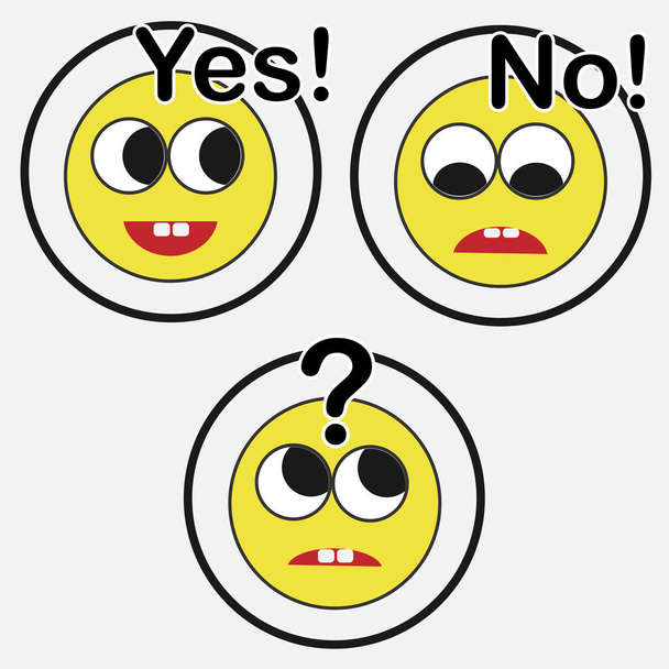 Набор улыбок, выбор ответа: Да, нет, вопрос. Эмоции в разных действиях. Three cartoony emoticons to confirm: yes!, no!,?. Кнопки для тестирования, обследования или применения
. - Вектор,изображение