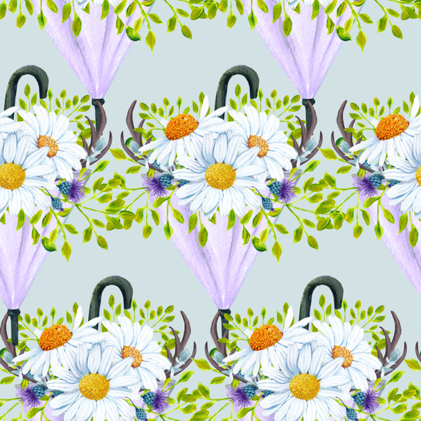 seamless pattern design with watercolor white daisy - Photo, Image