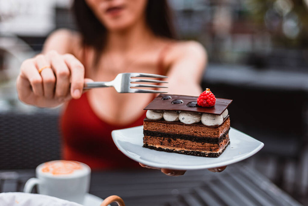Chocolate cake with strawberry in dish. Dessert concept. - Zdjęcie, obraz