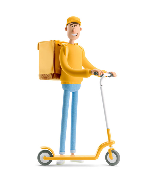 Conceito de entrega expressa. Ilustração 3d. Personagem de desenhos animados. Entrega cara em amarelo uniforme fica com o saco grande e uma scooter
. - Foto, Imagem