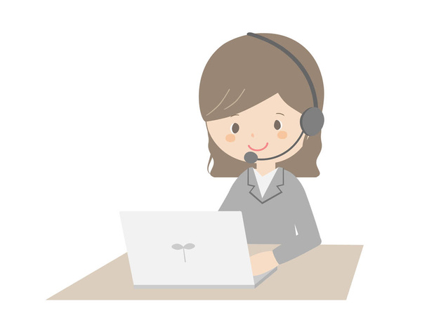 Eine niedliche Illustration einer Geschäftsfrau, die ein Headset trägt und einen Laptop benutzt - Vektor, Bild