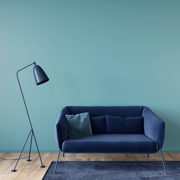 Interior elegante sala de estar em azul com um pequeno sofá, lâmpada de assoalho e tapete / ilustração 3D, renderização 3d
 - Foto, Imagem