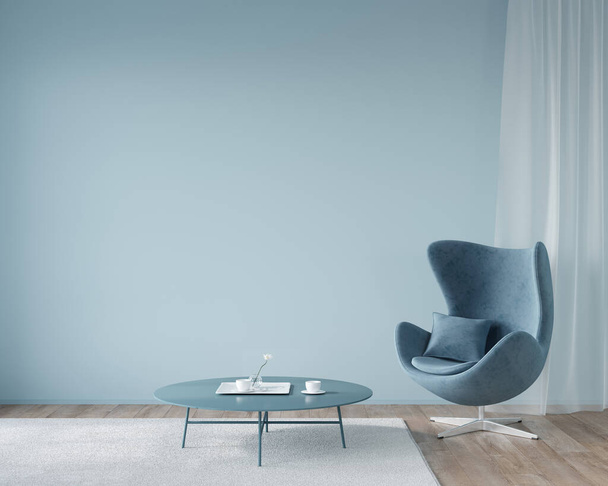 スタイリッシュな椅子と丸みを帯びたコーヒーテーブル/ 3Dイラスト、 3Dレンダリングでブルーでリビングやレセプションのインテリア - 写真・画像
