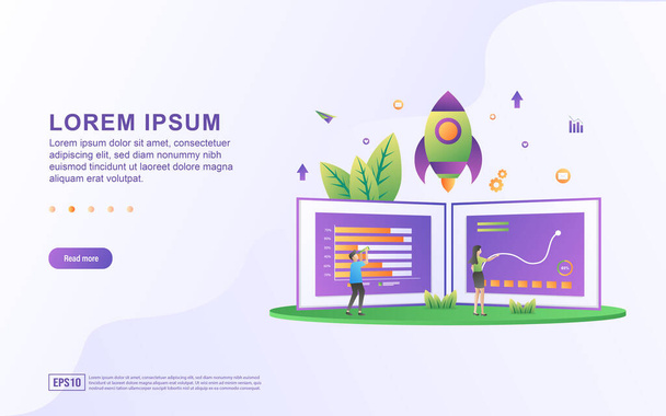 Landing page template with illustrations analyzing chart movements and business development - Vector, Image