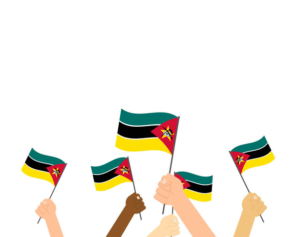 Ilustración vectorial de las manos sosteniendo banderas de Mozambique sobre fondo blanco
 - Vector, imagen
