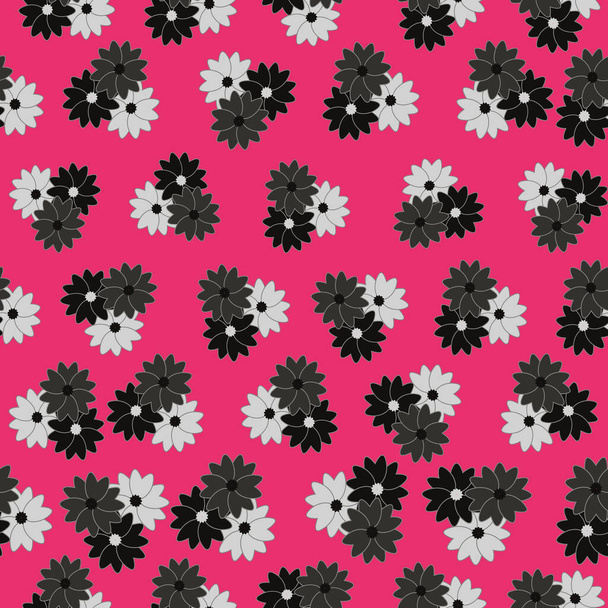 Fuchsia, black and white multi flowers repeat pattern print background design - Vector, Image