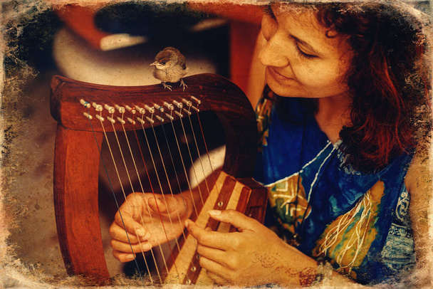Nuori nainen soittaa kelttiläinen harppu ja pieni lintu, vanha valokuva vaikutus
. - Valokuva, kuva