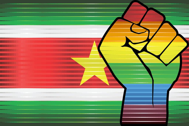 Shiny LGBT Protest Fist on a Surinam Flag - Ilustrace, Abstrakt Shiny Surinam and Gay flags - Vektor, obrázek