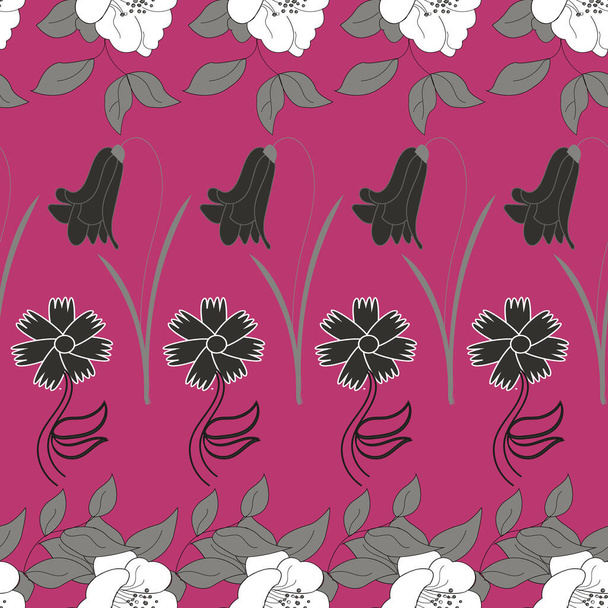 Fuchsia, fekete-fehér több virág ismétlődő minta nyomtatás háttér tervezés - Vektor, kép