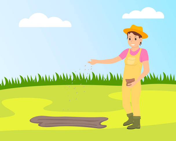 Woman farmer plant seeds of vegetables in the soil, cartoon vector illustration with cute character - Vettoriali, immagini